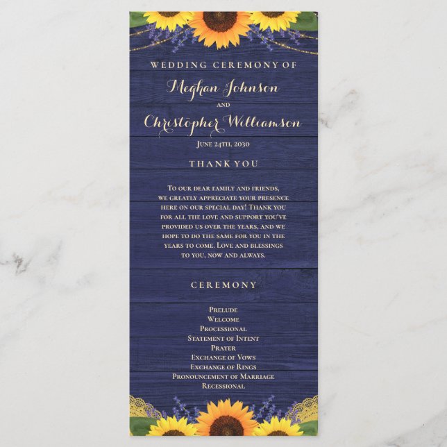 Programa Rustic Wood Lights Lace Navy Sunflower Boda (Anverso)