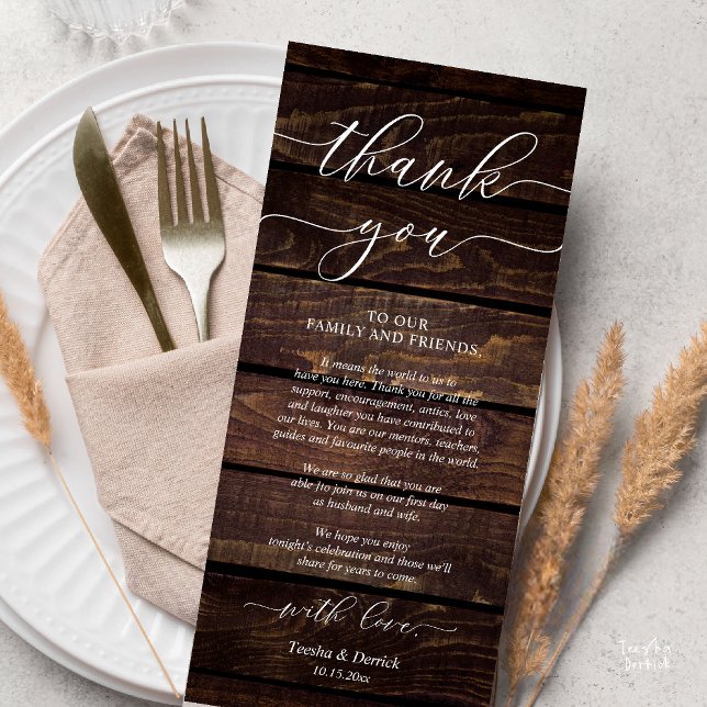 Programa Rústico Boda Lugar De Cena Configuración De Gracia (Rustic Wedding Dinner Place Setting Thank You Card Reception in Cottage Brown Wood)