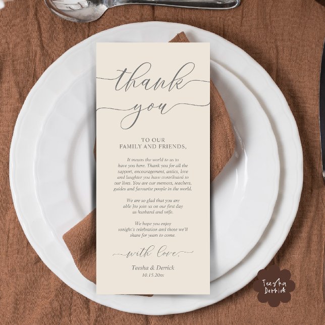 Programa Rústico Boda Lugar De Cena Configuración De Gracia (Rustic Wedding Dinner Place Setting Thank You Card Reception in Cream Grey)