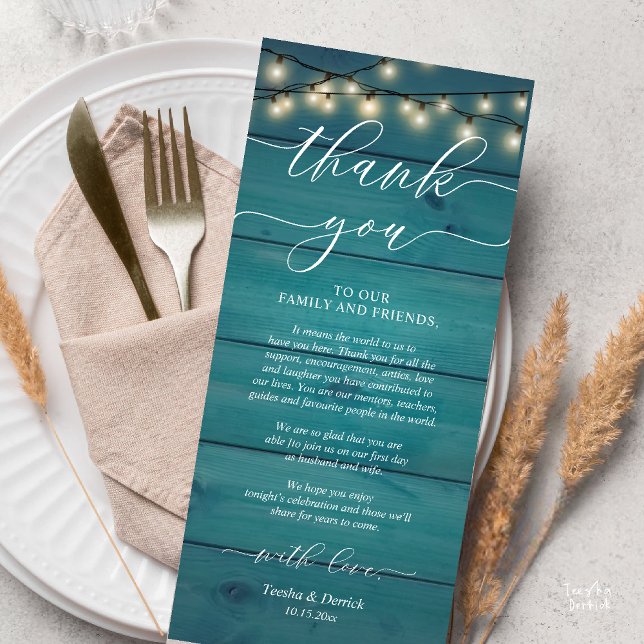 Programa Rústico Boda Lugar De Cena Configuración De Gracia (Rustic Wedding Dinner Place Setting Thank You Card Reception in Cottage Teal String Lights)