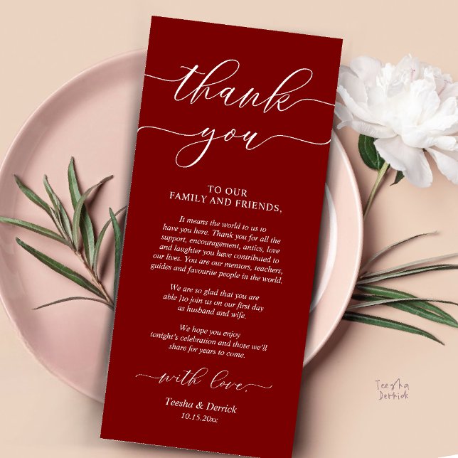 Programa Rústico Boda Lugar De Cena Configuración De Gracia (Rustic Wedding Dinner Place Setting Thank You Card Reception in Burgundy Wine Red)
