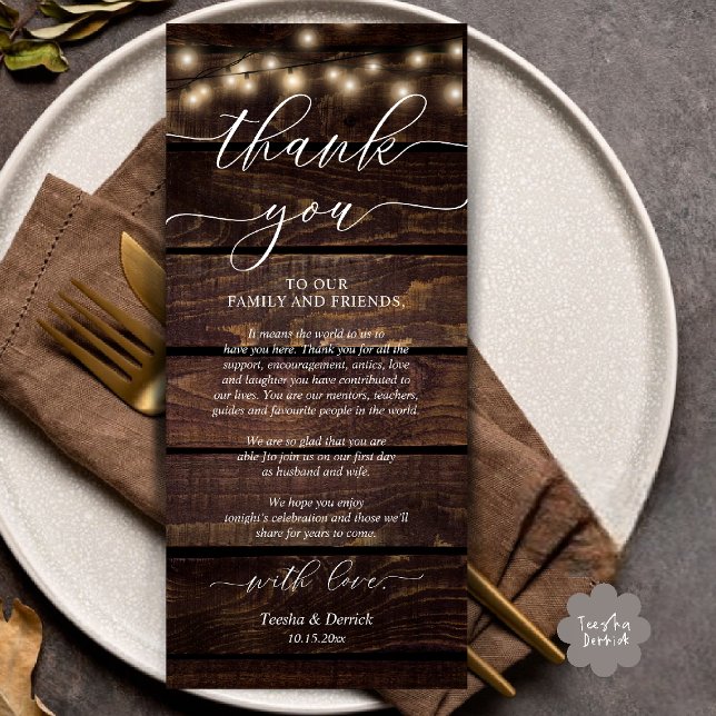 Programa Rústico Boda Lugar De Cena Configuración De Gracia (Rustic Wedding Dinner Place Setting Thank You Card Reception in Cottage Brown Wood String Lights)