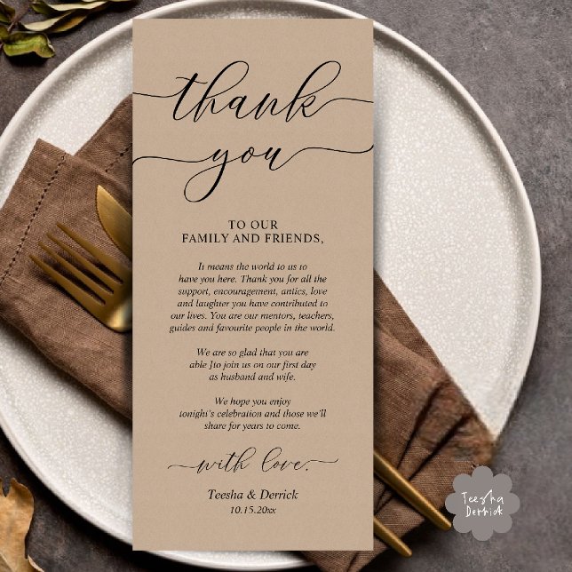 Programa Rústico Boda Lugar De Cena Configuración De Gracia (Rustic Wedding Dinner Place Setting Thank You Card Reception in Brown Kraft)