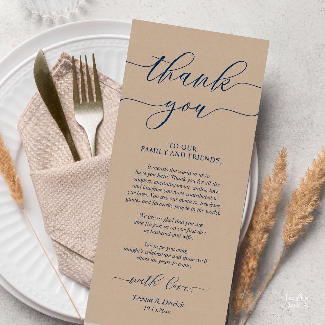 Programa Rústico Boda Lugar De Cena Configuración De Gracia (Rustic Wedding Dinner Place Setting Thank You Card Reception in Navy Blue Script Brown Kraft)