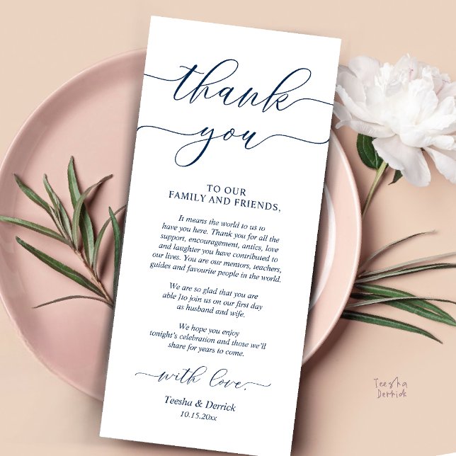 Programa Rústico Boda Lugar De Cena Configuración De Gracia (Rustic Wedding Dinner Place Setting Thank You Card Reception in Navy Blue Script )