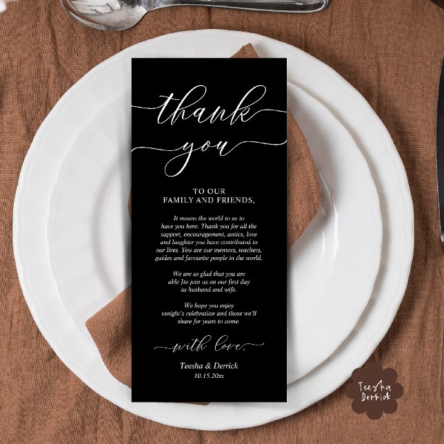 Programa Rústico Boda Lugar De Cena Configuración De Gracia (Rustic Wedding Dinner Place Setting Thank You Card Reception in Black White)