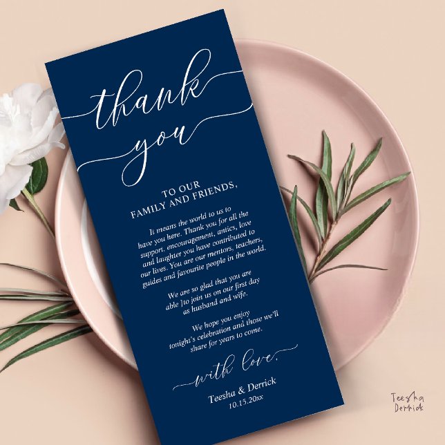 Programa Rústico Boda Lugar De Cena Configuración De Gracia (Rustic Wedding Dinner Place Setting Thank You Card Reception in Navy Blue Script )