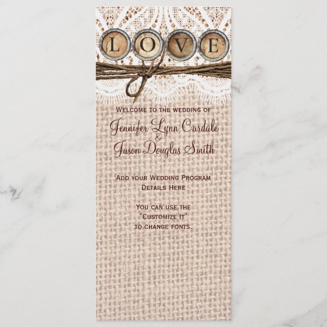 Programa Rústico Burlap Lace Twine LOVE Wedding (Anverso)