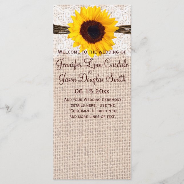 Programa Rústico Burlap Lace Twine Sunflower Weddi (Anverso)