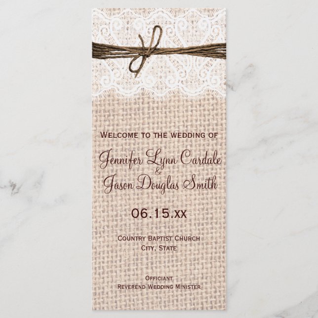 Programa Rústico Burlap Lace Twine Wedding (Anverso)