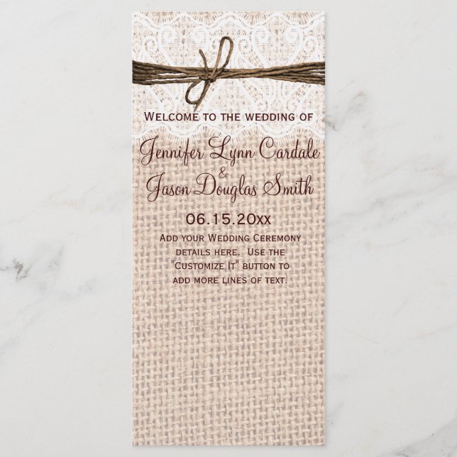 Programa Rústico Burlap Lace Twine Wedding (Anverso)