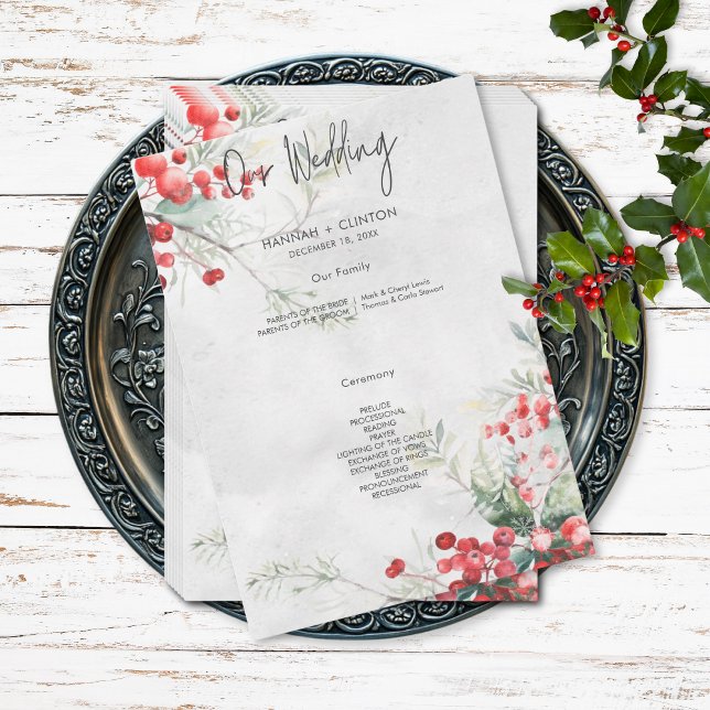 Programa Rústico de Boda de Invierno Holly y Pine  (Rustic Winter Holly & Pine Wedding Program)