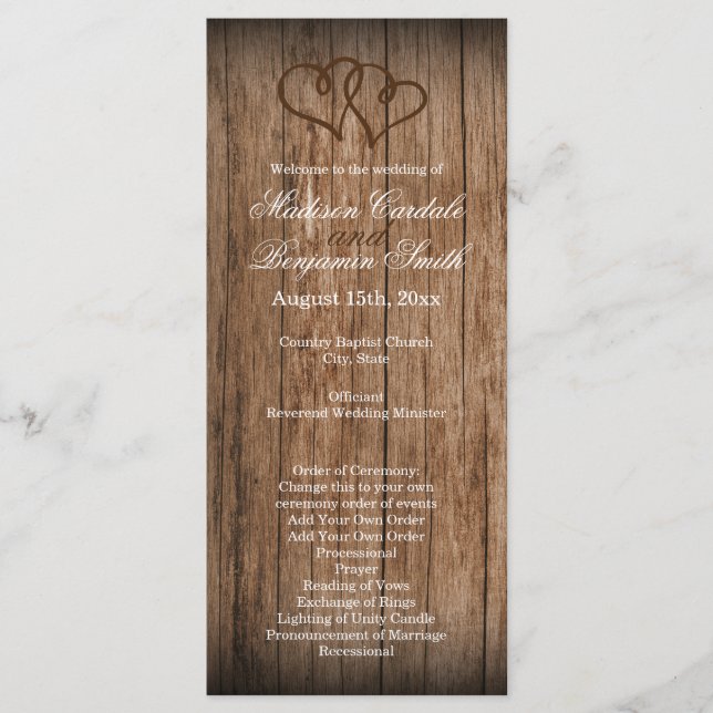 Programa Rústico de Bodas de Madera de Doble Coraz (Anverso)