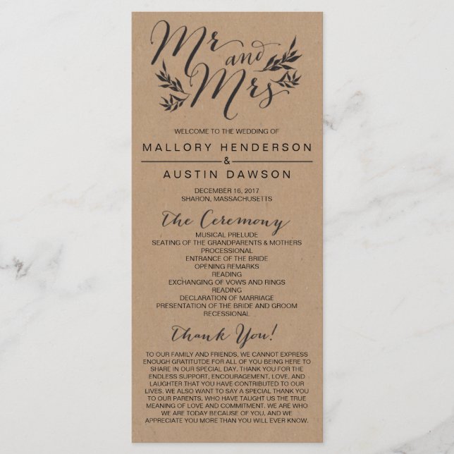 Programa Rústico de Ceremonia de Bodas Florales de (Anverso)