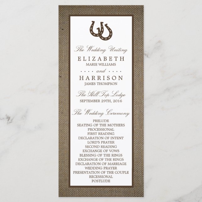 Programa Rústico Herradura Del País En El Boda Burlap (Anverso)