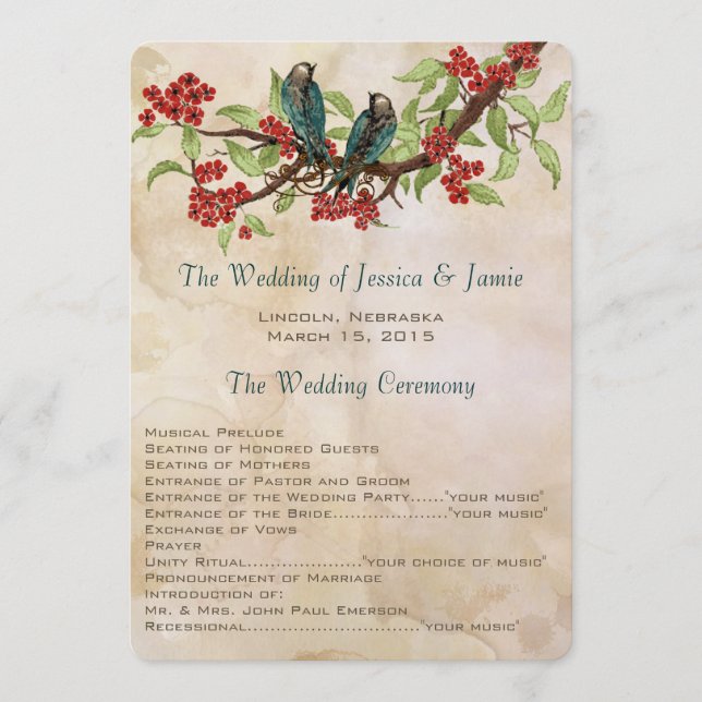 Programa Rústico Vintage Love Bird Tea Stain Weddi (Anverso)