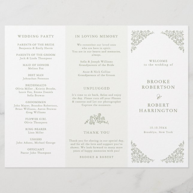 Programa Sage Floral Sage Green Tri Fold Wedding (Anverso)