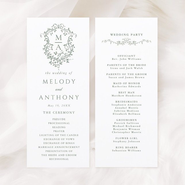 Programa Sage Green Elegant Escudo Floral Ceremonia Boda (Front & Back)
