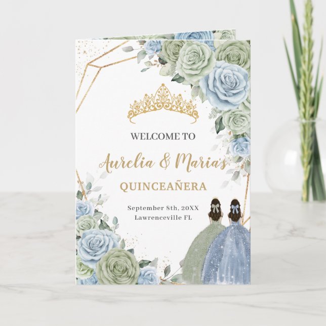 Programa Sage Green Floral Azul Quinceañera Orden de evento (Anverso)