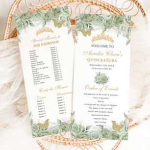 Programa Sage Green Floral Gold Quinceañera Orden de evento