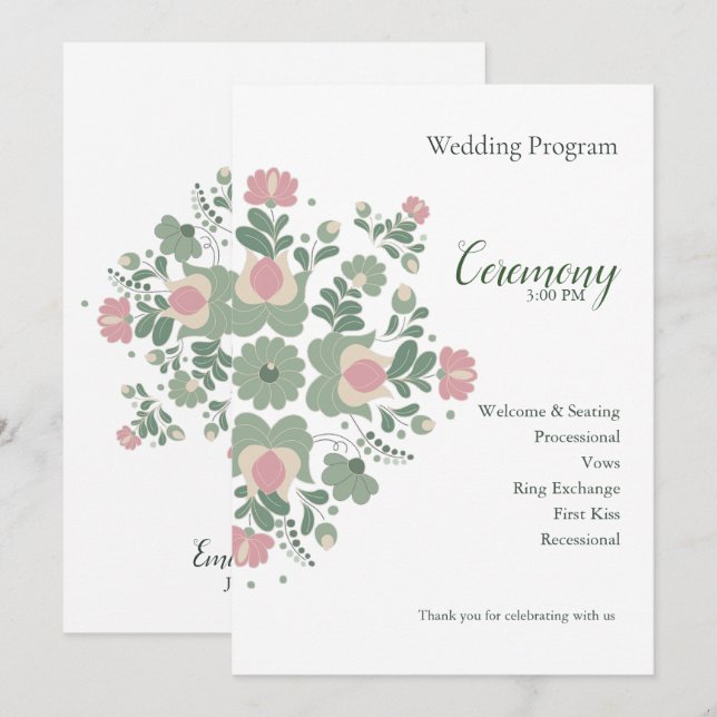 Programa Sage Green Floral Wedding Ceremony Flat Program (Anverso / Reverso)