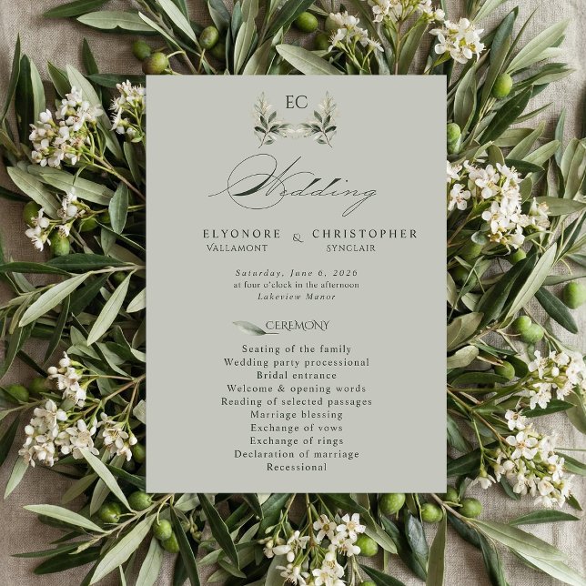 Programa Sage Green Olive Branch Monogram Wedding Program  (Subido por el creador)
