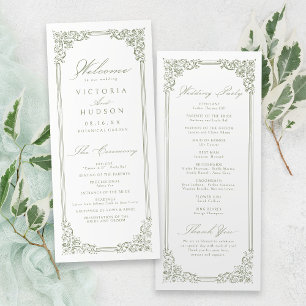 Programa Sage Green Vintage Frame Elegant Script Boda