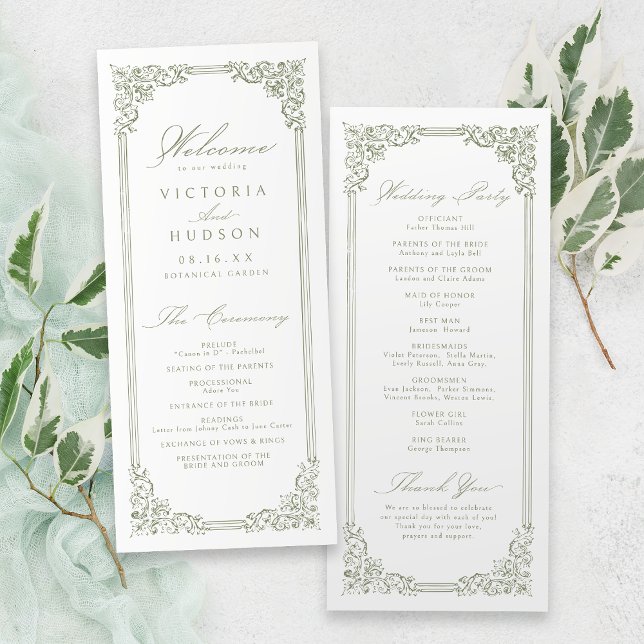 Programa Sage Green Vintage Frame Elegant Script Boda (Sage Green Vintage Frame Elegant Script Wedding Program)