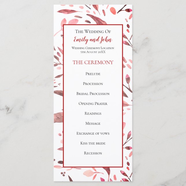 Programa Sangria Red Watercolor deja Boda (Anverso)