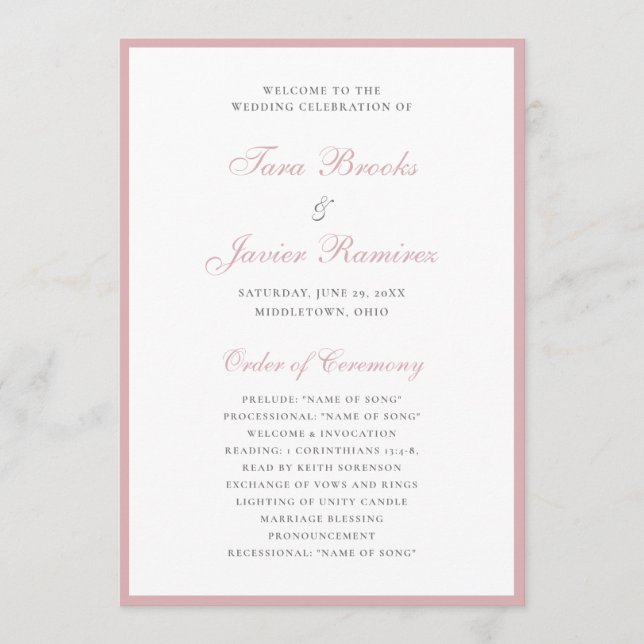 Programa Sencilla Boda Formal Elegante Rosa Polvo Rosa de B (Anverso)
