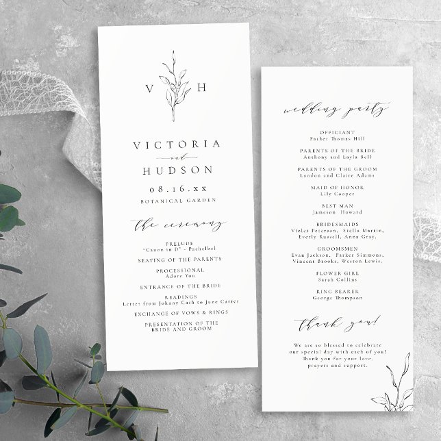 Programa Sencilla elegancia de hojas botánicas monograma bo (Simple elegance botanical leaves monogram wedding program)