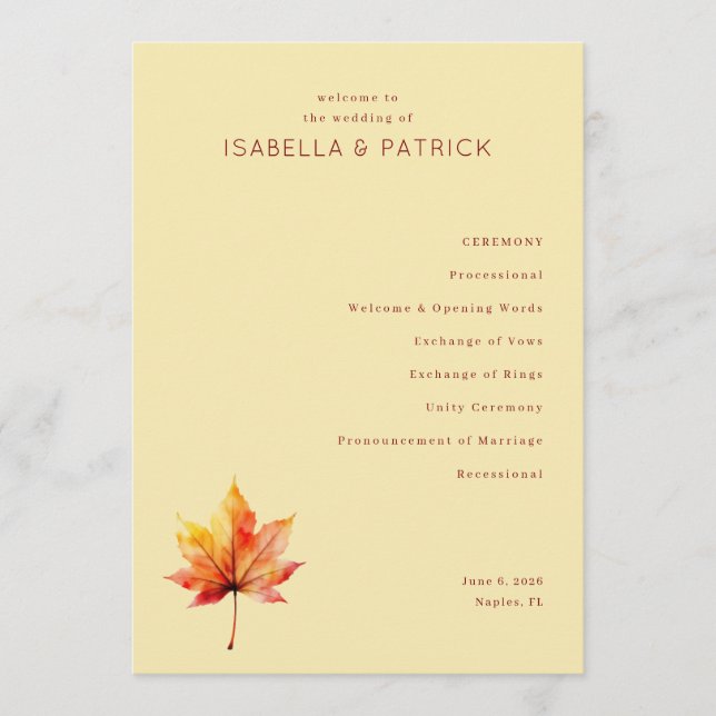 Programa Serene Beige Autumn Leaf Wedding Ceremony (Anverso)