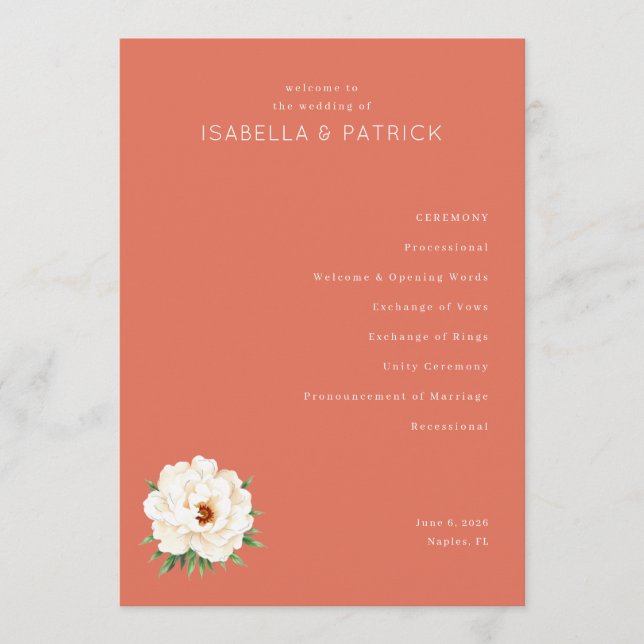Programa Serene Coral Floral Wedding Ceremony Schedule (Anverso)