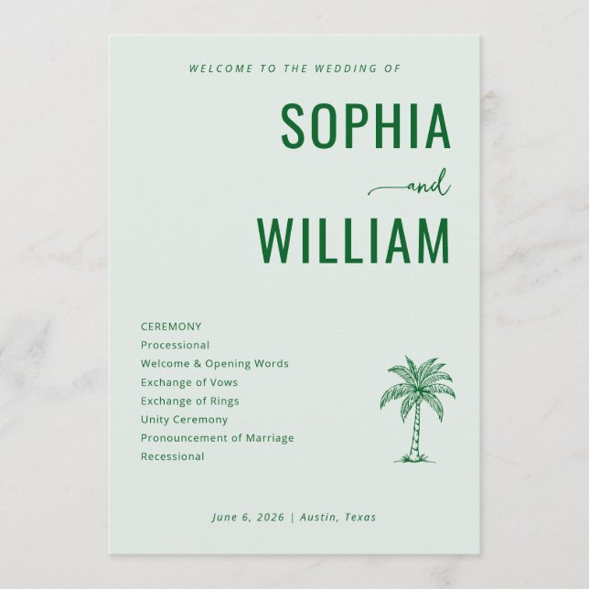 Programa Serene Green Palm Tree Wedding Ceremony (Anverso)