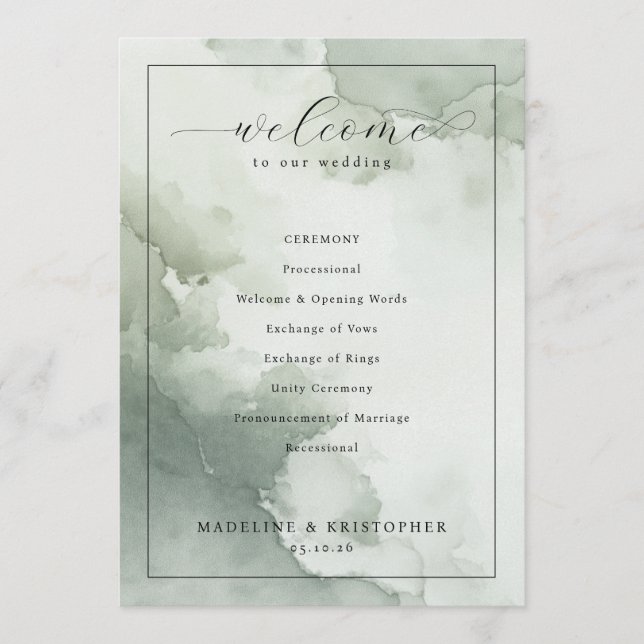 Programa Serene Green Watercolor Wedding Ceremony Schedule (Anverso)