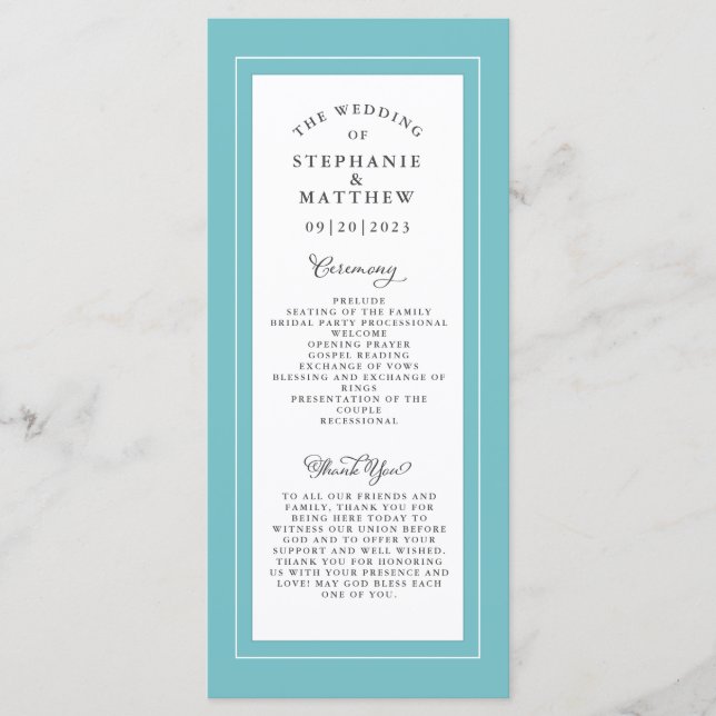 Programa Servicio de Ceremonia de Boda Blanca Aqua Elegante (Anverso)