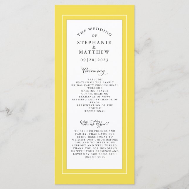 Programa Servicio de Ceremonia de Boda Gris Amarillo Blanco (Anverso)