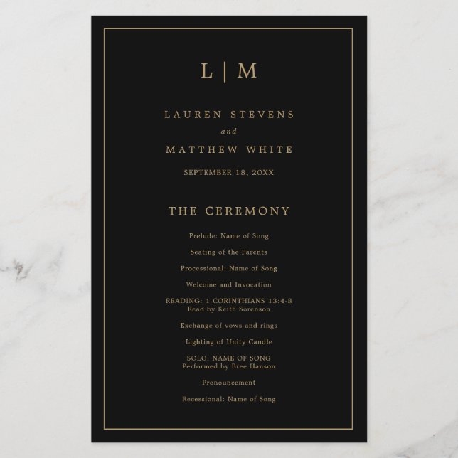 Programa simple de bodas de oro negro con monogram (Frente)