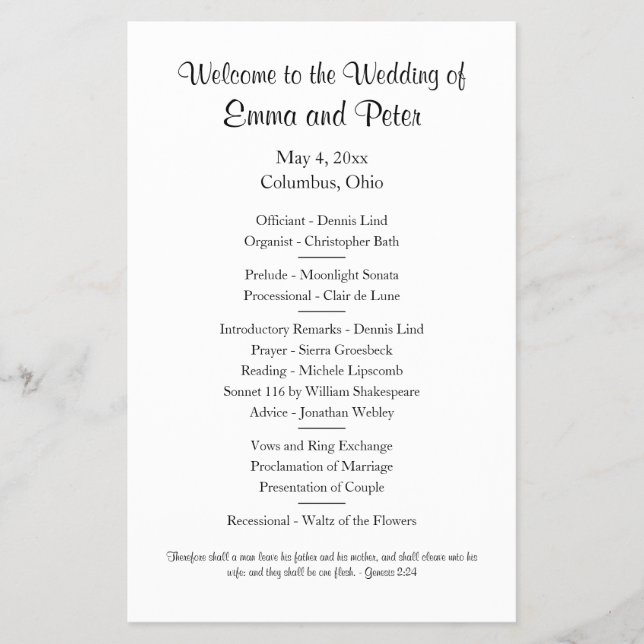 Programa simple de bodas de papel de media hoja en (Frente)