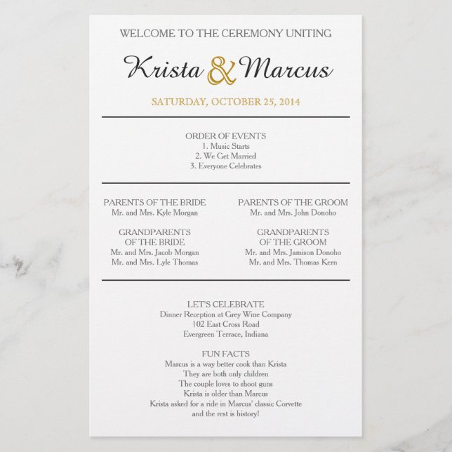 Programa simple de bodas de siluetas en negro y or (Anverso)