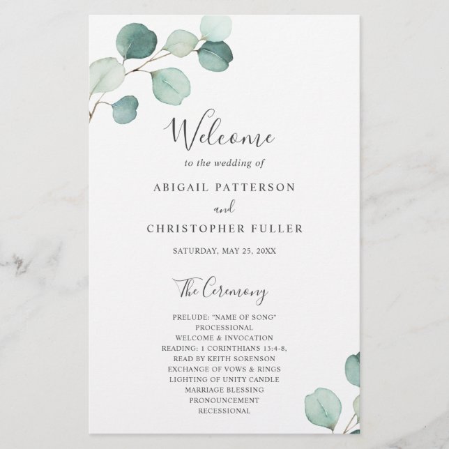 Programa simple de bodas rusticas Eucalyptus (Anverso)