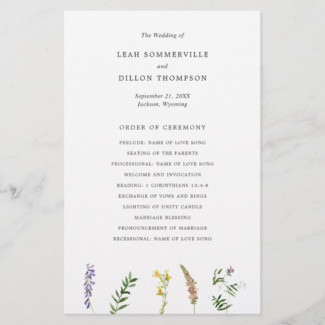 Programa simple de matrimonio de flores silvestres (Anverso)