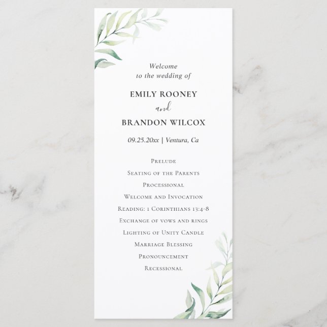 Programa Simple Eucalyptus Greenery Elegante Boda (Anverso)