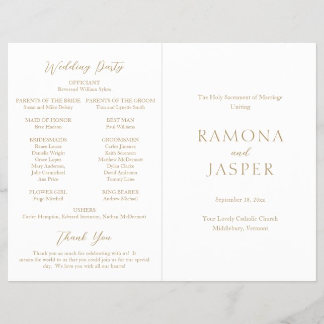 Programa Simple Gold Bold de boda católica moderna (Frente)