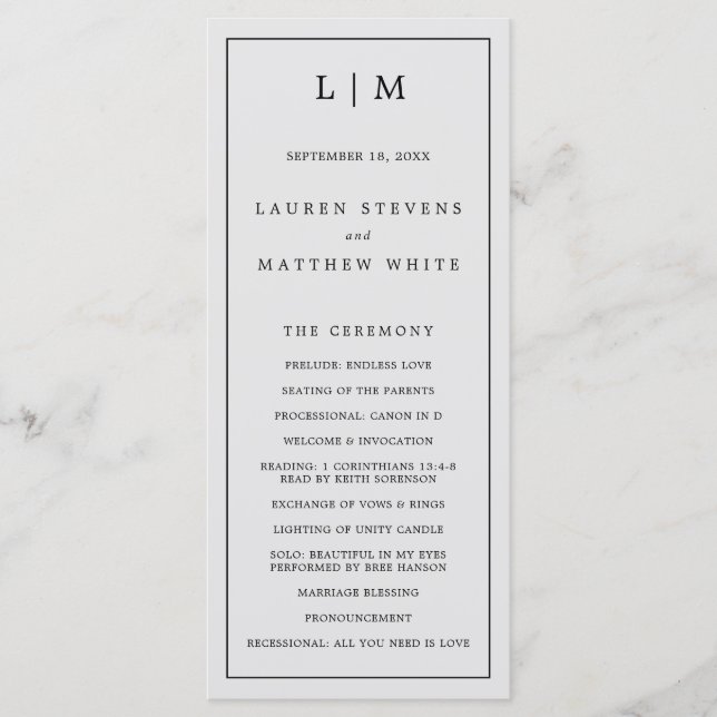 Programa Simple Monograma Gris Claro Boda Elegante (Anverso)