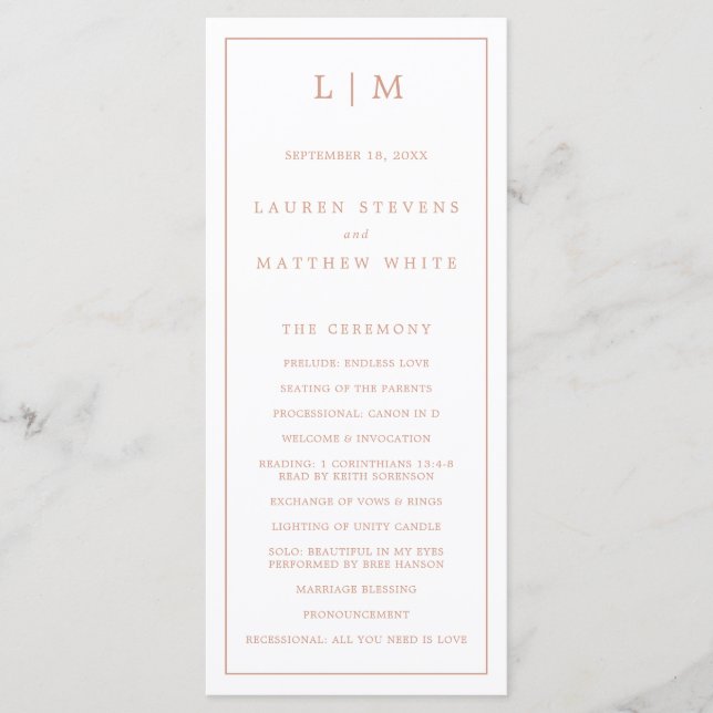 Programa Simple Rosa Monograma Rosa Elegante Boda (Anverso)