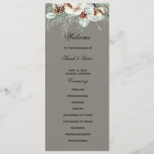Programa Snowy Greenery floral double side program card  (Anverso)