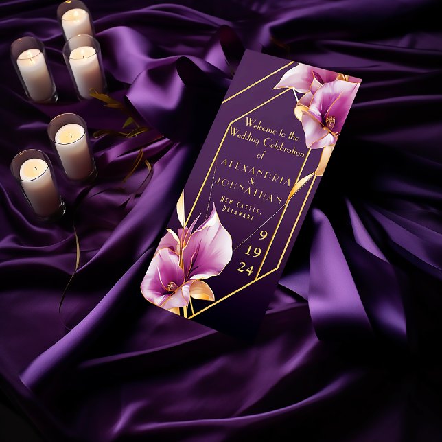 Programa Sofisticado Boda de Lirio Morado y Oro Calla (Stylish Modern Purple and Gold Calla Lilies Wedding Program )