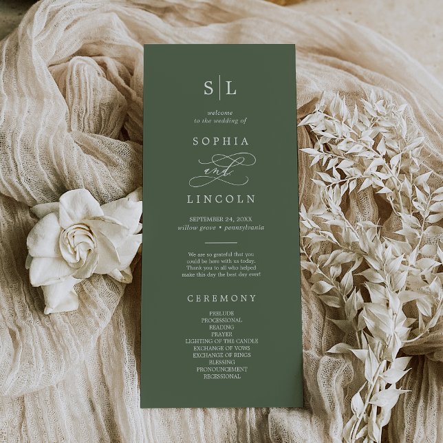 Programa SOPHIA Woodland Olive Green Monograma Boda (SOPHIA Woodland Olive Green Monogram Wedding Program)