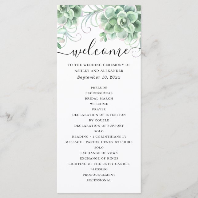 Programa Suculentos acuarelas. Boda de cactus florales (Anverso)